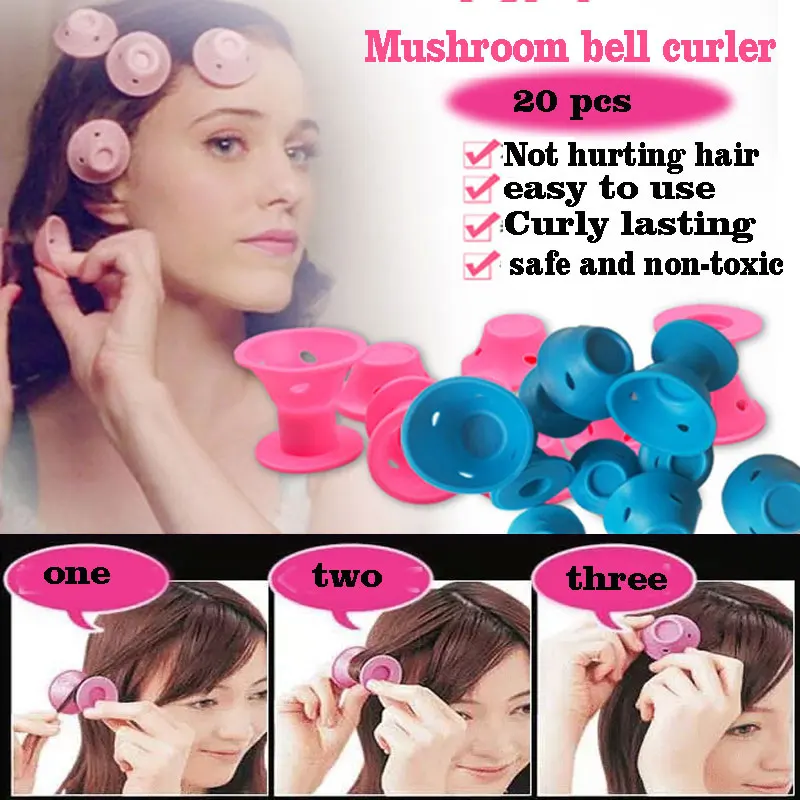 

20 Pcs circle Mushroom bell magic hair curlers ni heat cheap rollers spiral circle tools sfot Silica gel blue and pink curler