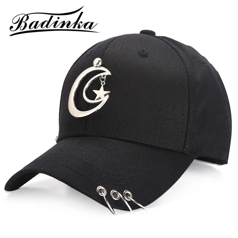 

Badinka 2019 New Metal Iron Rings Hats for Women Men Adjustable Sailor Moon Black Baseball Caps with Rings Casquette Homme Femme