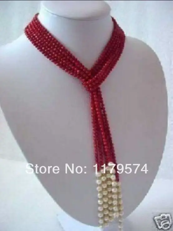 

New Free shipping beautiful fashion Woman jewerly 5MM Charming Red Coral & White Pearl Scarf long Necklace 50"xu112