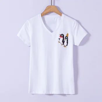 

New Summer Women High Street Fashion Handmade Beading Animal Penguin Printing T Shirt Tops Hot Female Sexy V Neck Shirts Tees