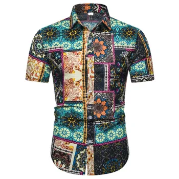

Vintage Ethnic Print Linen Shirts Men 2019 Brand New Slim Fit Short Sleeve Hawaiian Shirt Men Floral Casual Mens Dress Shirts