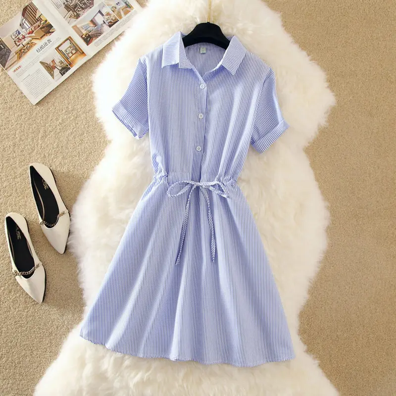 

Dress Women Summer Shirt Dress Elegant Lady Vestido Blue Striped 2019 Short Sleeve Short Dresses Office Turn Down Collar Bow F58