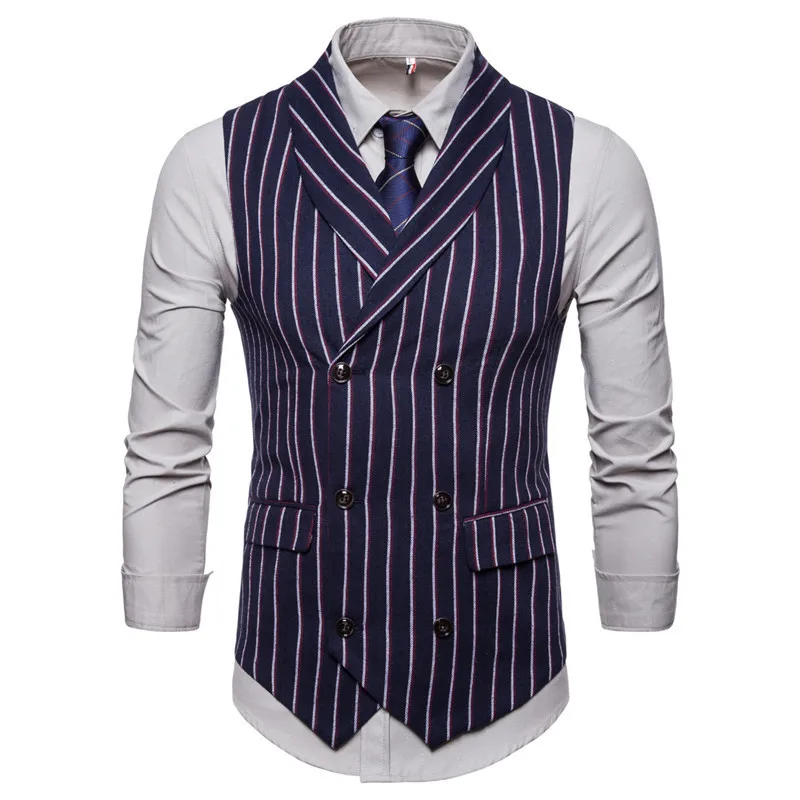 Riinr 2018 Autumn Men Striped Vests Causal Double-breasted Mens Suit Vest Vintage Wedding Waistcoat Men's Suit Vest Wedding Vest