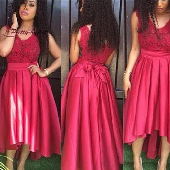 

Elegant 2016 Promotion Hi lo V-Neck tank Zipper Ribbons Appliques Lace wine red Bridesmaid Dresses for women