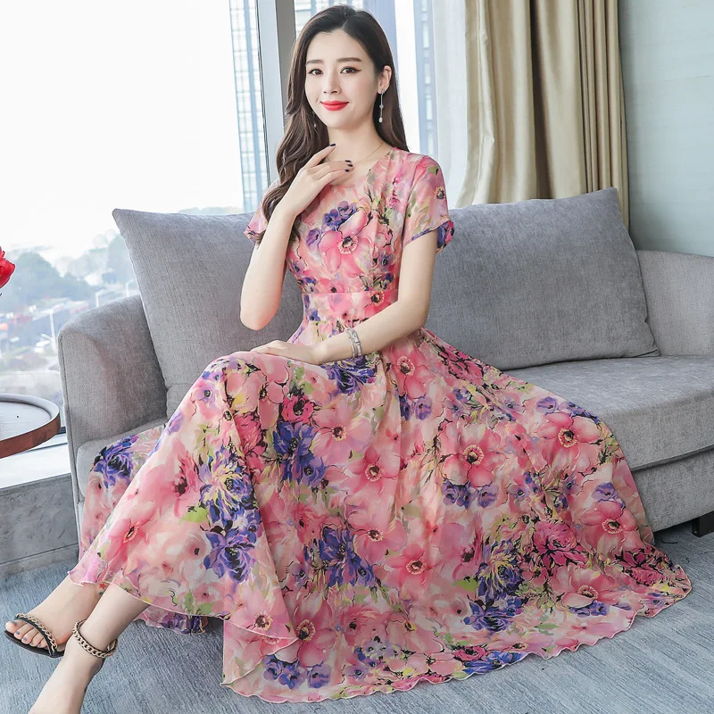 

Korean Type Fashion Women Slim Printed Large Size Beach Style Chiffon Dress