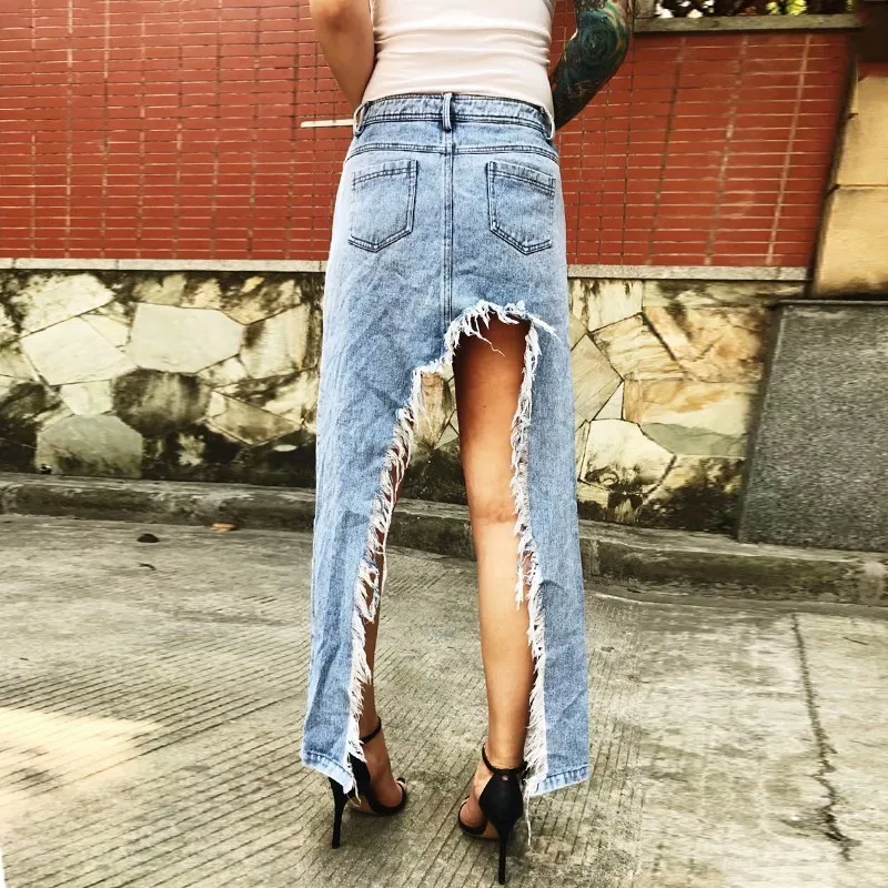 Beste VGH Kwastje Denim vrouwen Cowboy Rok Blue High Street Onregelmatige Hoge Taille Rechte Vrouwen Rok 2019 Zomer Mode Toevallige nieuwe