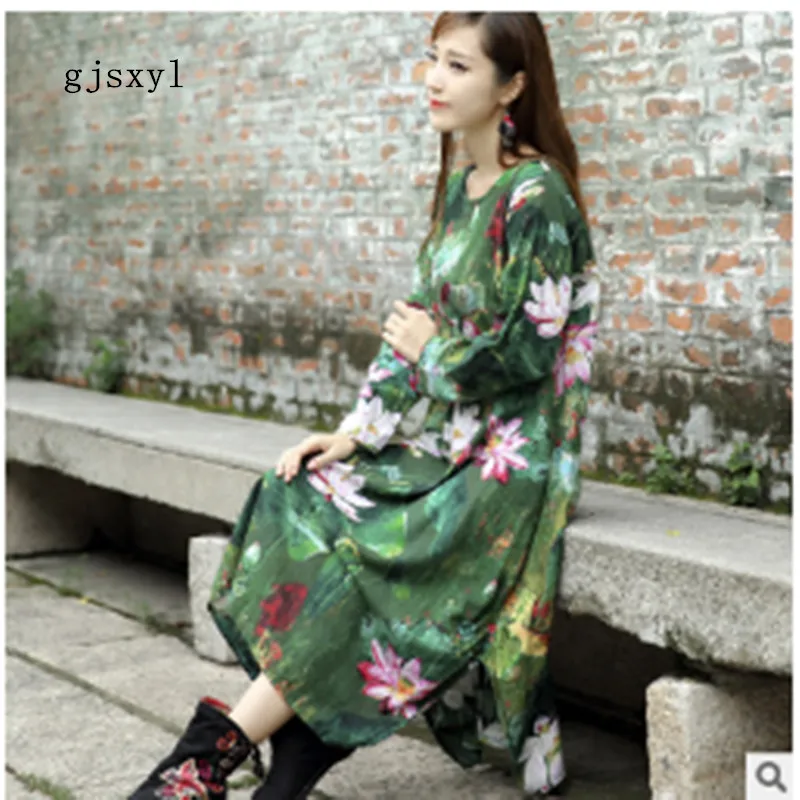 National wind women's 2017 autumn new open lotus leaf printing pregnant women long skirt loose long-sleeved cotton dress women