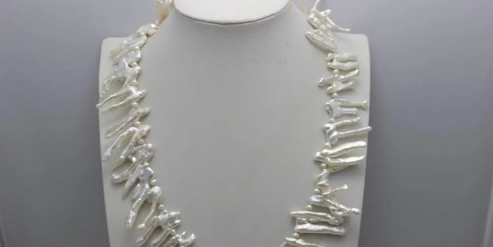 

White Freshwater pearl necklace 13x32mm 20.5INCH Alloy "handmade" a(5.18)