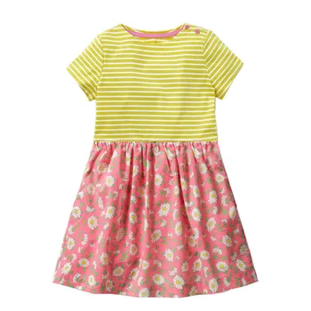 

Hot sale new styles cotton yellow stripe floral summer girl baby dress free ship