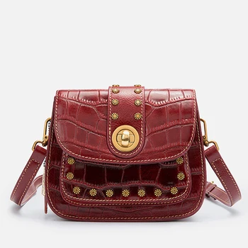 

Female Bag Oil Wax Genuine Leather Real Cowhide Retro Rivets Small Flap Shoulder Bag Lady Messenger Bag Crossbody Bag