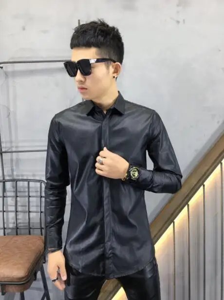 Hot 2019 New spring New imitation sheepskin washed leather long-sleeved shirt men trend Korean Slim leather shirt dark blue 