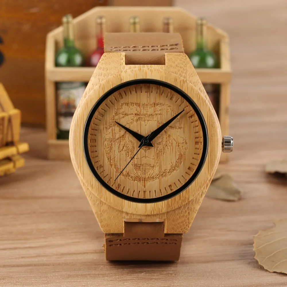 

Wooden Watch Quartz Movement Leather Band Lightweight Wristwatch Animal Pattern Dial Wood Watch Simple Clock Male reloj hombre