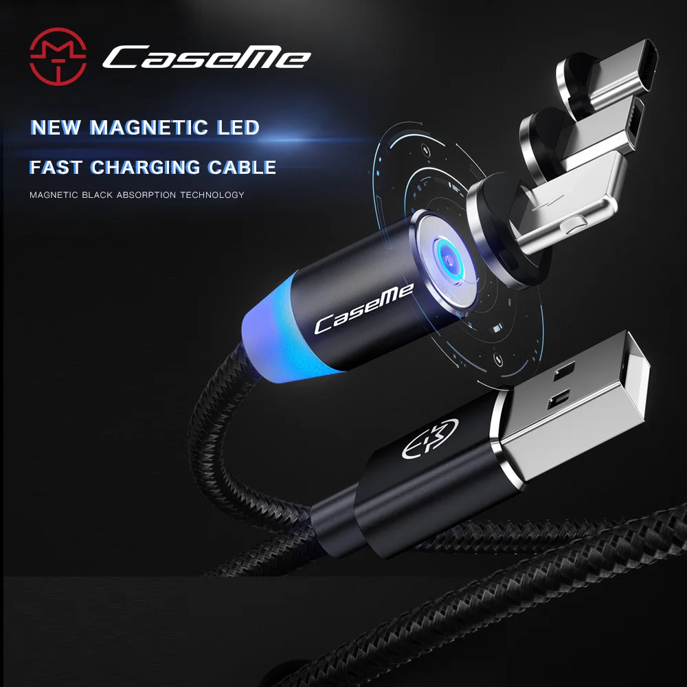 

CaseMe Magnetic LED USB Cable For Xiaomi 360 Braided Magnet Plug Type C Micro USB For iPhone Cables Fast Charging Magnetic Cable