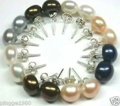 

Hot sale Free Shipping 8PCS >>>>wholesale 8pairs 7-8mm Natural Akoya Cultured Pearl Silver Stud Earrings AAA