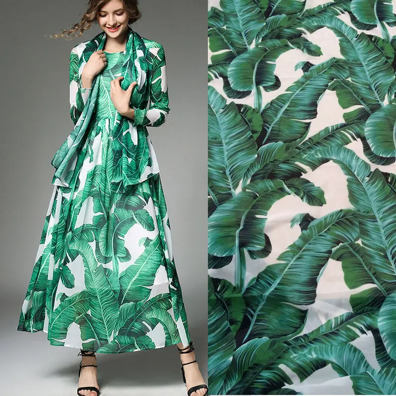 

100D chiffon fabric,banana leaf print Botanical garden silk chiffon fabric,fashion show women dress soft chiffon fabric