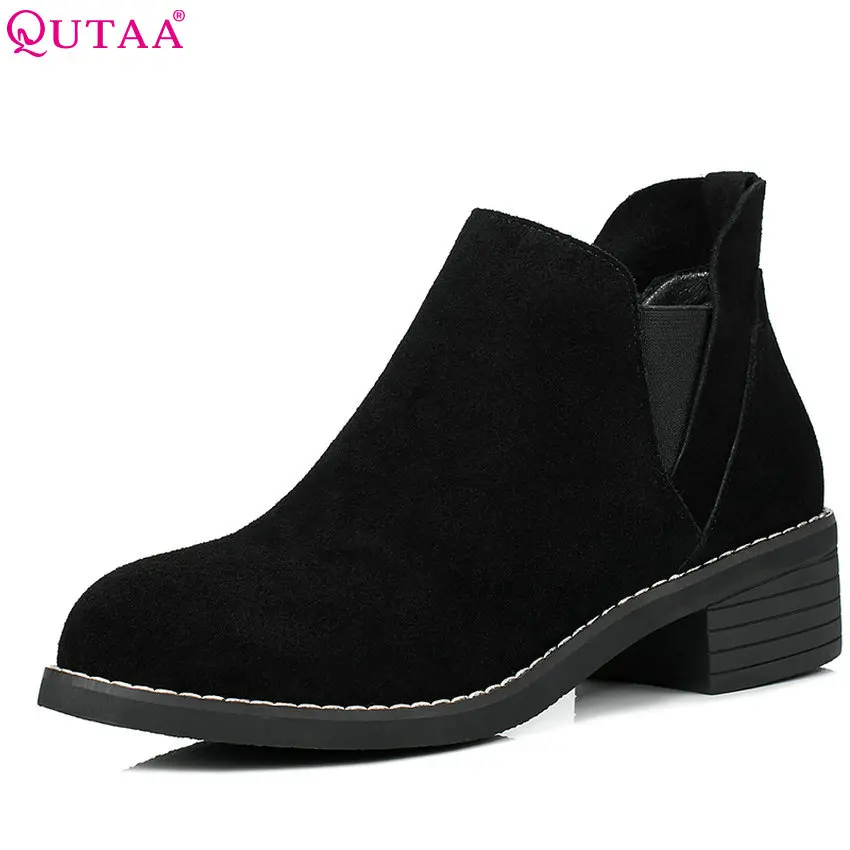 

QUTAA 2018 Women Ankle Boot Cow Suede Pointed Toe Elastic Band Square Mid Heel Westrn Style Fashion Women Boots Size 34-40