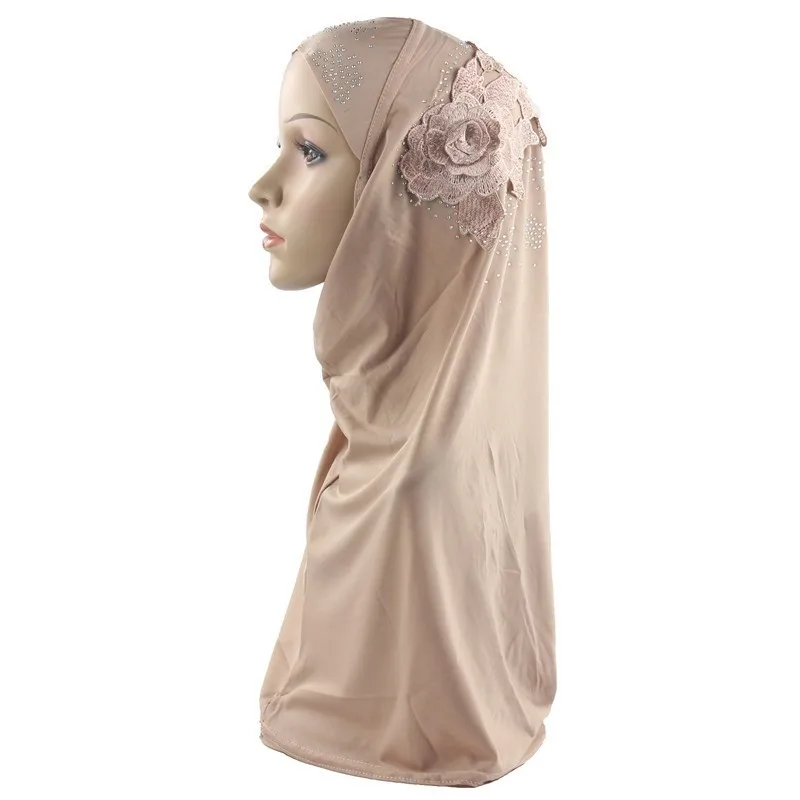 Мусульманский женский хиджаб исламский шарф женский цельный Амира Кепка полное покрытие головной убор с одной красавицей цветок и бриллиант - Цвет: Khaki