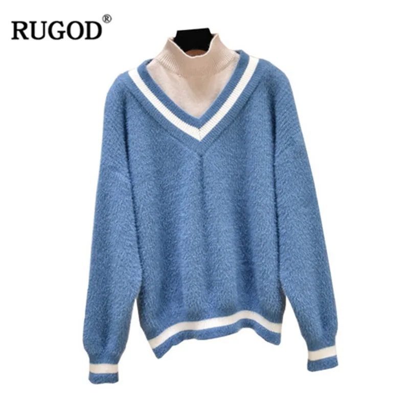 RUGOD Модные поддельные 2 шт. кашемировый свитер с хомутом для женщин Элегантный v-образный вырез длинный рукав Толстый Пуловер Повседневный свитер Pull