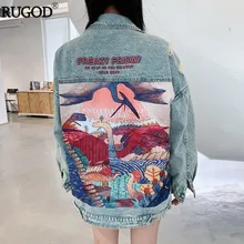 RUGOD, новинка, осень, Забавный принт с героями мультфильмов, длинная джинсовая куртка для женщин, винтажная уличная одежда в стиле панк, джинсовая куртка, casaco feminino