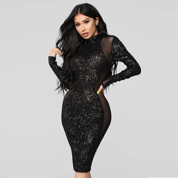 

Seamyla 2020 New Arrivals Sexy Dress Women Black Mesh Sequined Dresses Long Sleeve Bodycon Club Celebrity Party Dress Vestidos