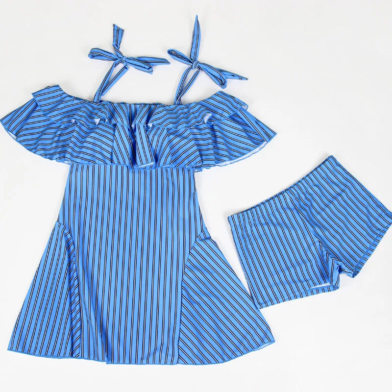 Новинка 2109, милые полосатые костюмы из двух частей для девочек, купальник с юбкой, сексуальный купальный костюм, платье для плавания, летняя пляжная одежда, купальник для женщин - Цвет: Синий