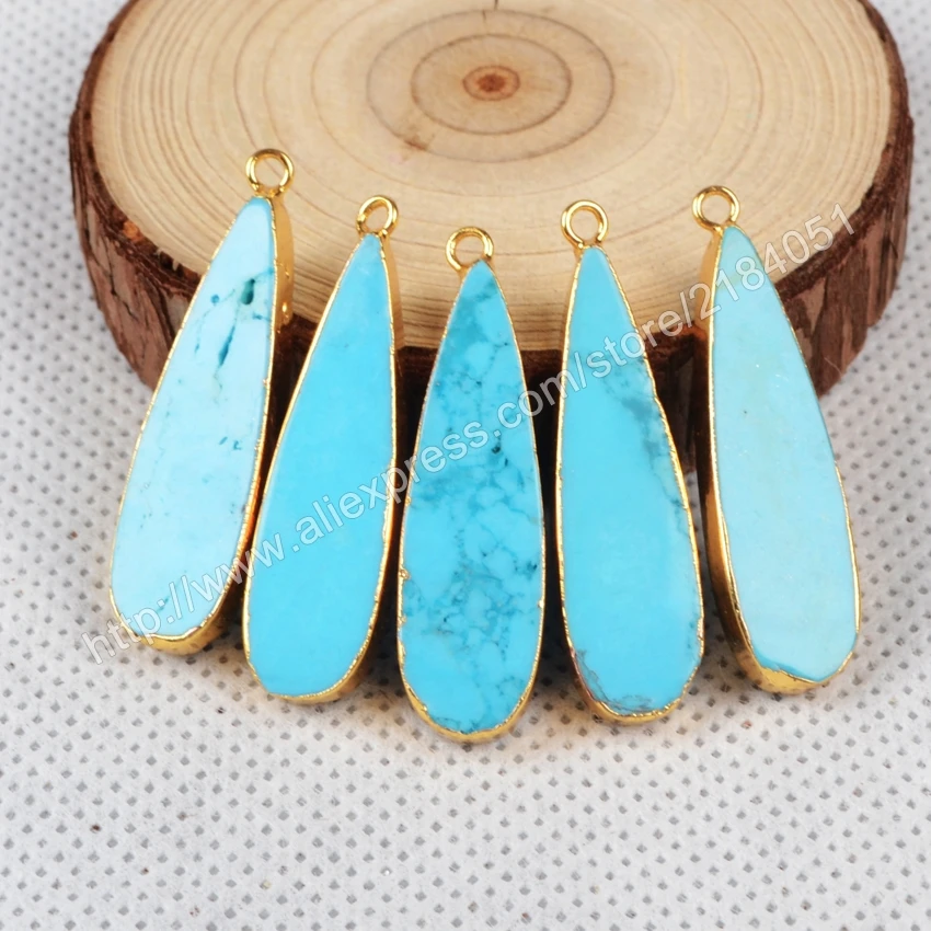 Long Drop Blue Howlite Turquoise Gold Plated Necklace Charm Beads Double Bails Making Jewelry G0869
