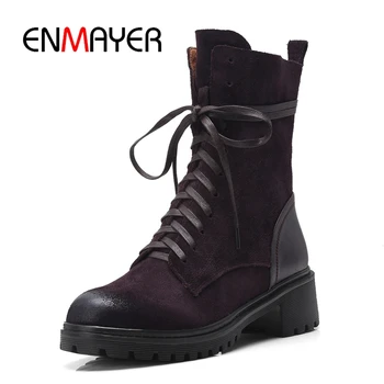 

ENMAYER New fashion women zip square heel boots lady solid cross-tied round toe boots Size 34-39 ZYL811