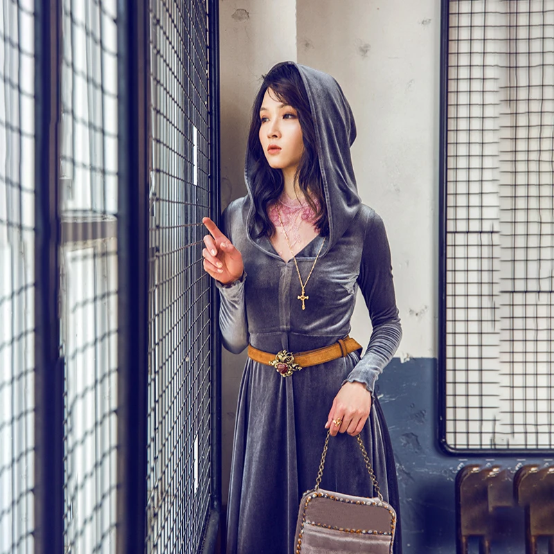 TWOTWINSTYLE Elegant Solid Dress For Women Hooded Collar Long Sleeve High Waist Evening Party Dresses Female Summer New
