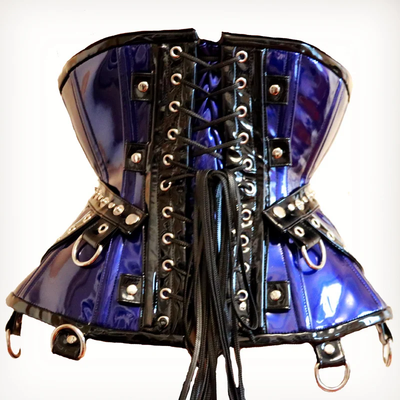 2019 Annzley Corset Steel Boned Blue Leather Underbust Corset With Horn Lock And Detachable Belt  (4)