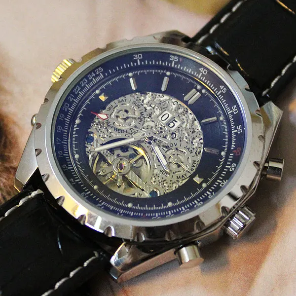 

Black Mens AUTO Calendar 12/24 Mechanical Leather Watch freeship