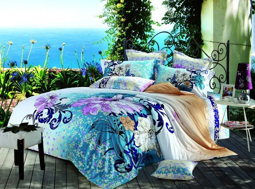Blue purple floral flower bedding set queen size duvet cover bedspread ...