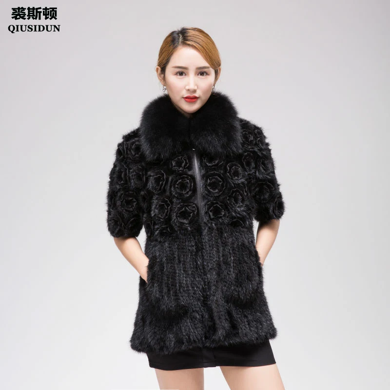 Real Mink knitting fur coat woman Winter warm knittin coat fox fur collar Fashion Slim Fit Garment Large size L-4XL with flowers
