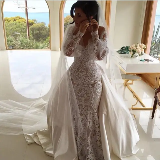 

BONJEAN Vintage Designer Mermaid Wedding Dresses 2019 Lace Applique Long Sleeve Bridal Gown With Detachable Train Robe de Soriee