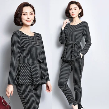 

Black office 2 piece set women clothes autumn winter plus size large top pants suits striped outfit co-ord set Ruffles elegant