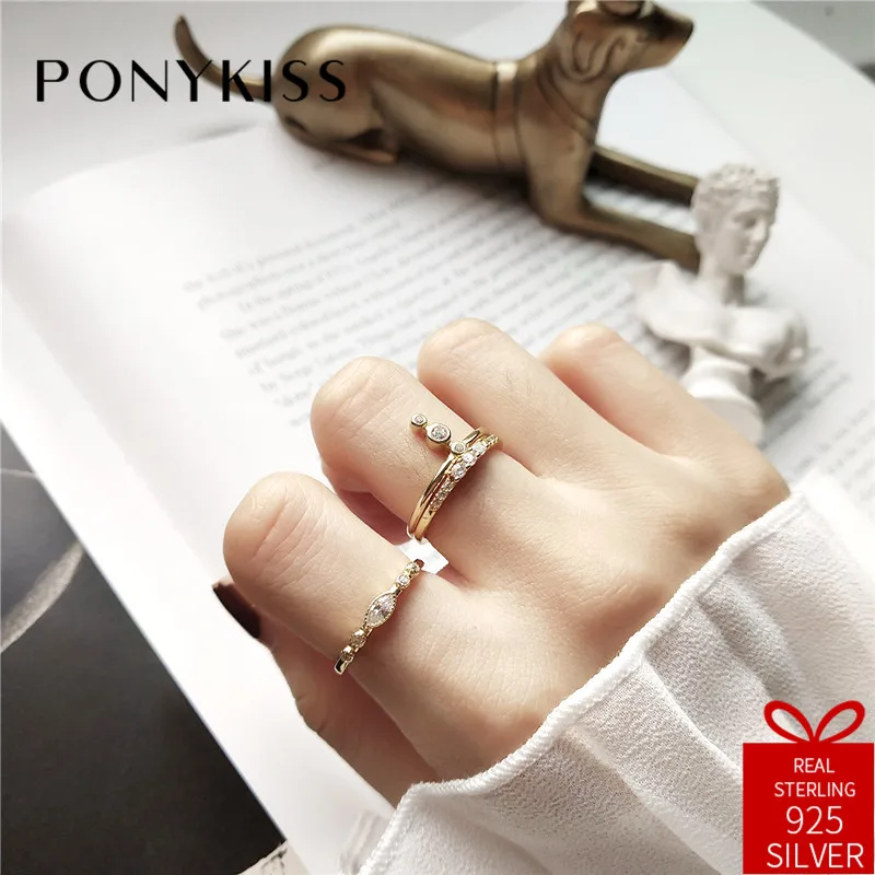 

PONYKISS Classic 100% 925 Sterling Silver Adjustable Opening Zircon Ring Fine Jewelry Women Birthday Party Anniversary