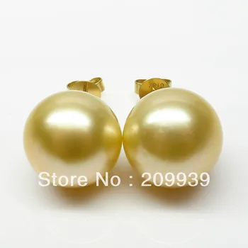 

hj 0090 BEAUTIFUL!GOLD!ROUND 11.85MM GENUINE SOUTH SEA PEARL 18K GOLD EARRING!STUD