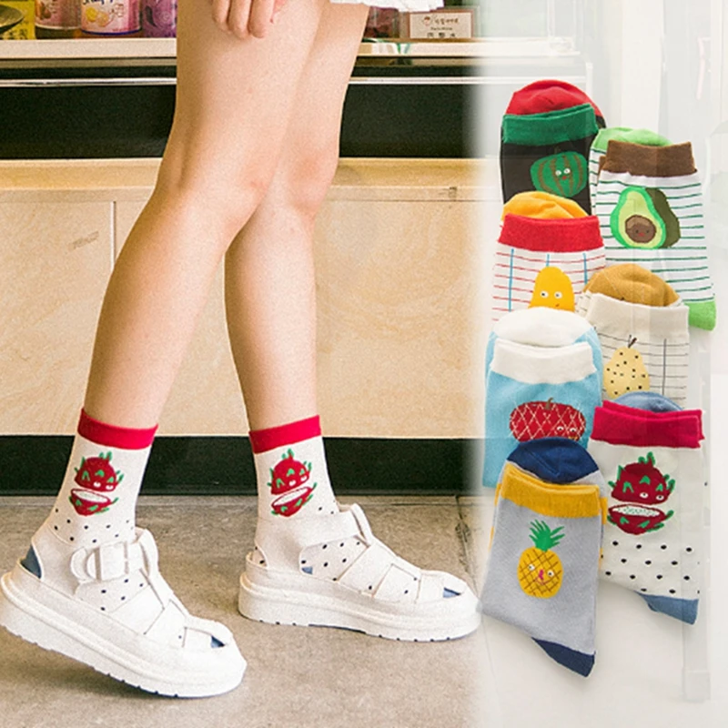 Женские носки в полоску с рисунком авокадо; Милые жаккардовые носки с фруктами; хлопковые носки для девочек