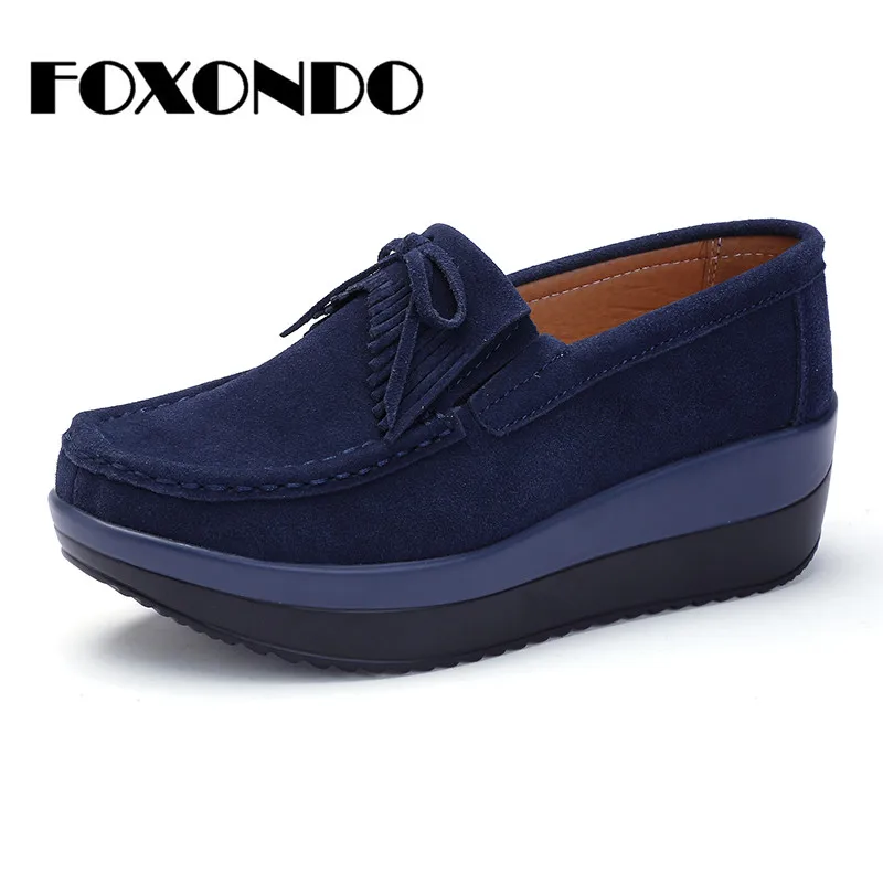

FOXONDO 2018 Autumn women flats thick soled platform shoes leather suede women casual sneakers fringe slip on shoes creepers 288