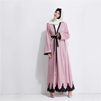

Fashion Muslim Robe Gowns Tunic Jubah Middle East Ramadan Islamic Clothing Lace Abaya Full Dresses Pearls Cardigan Kimono Long