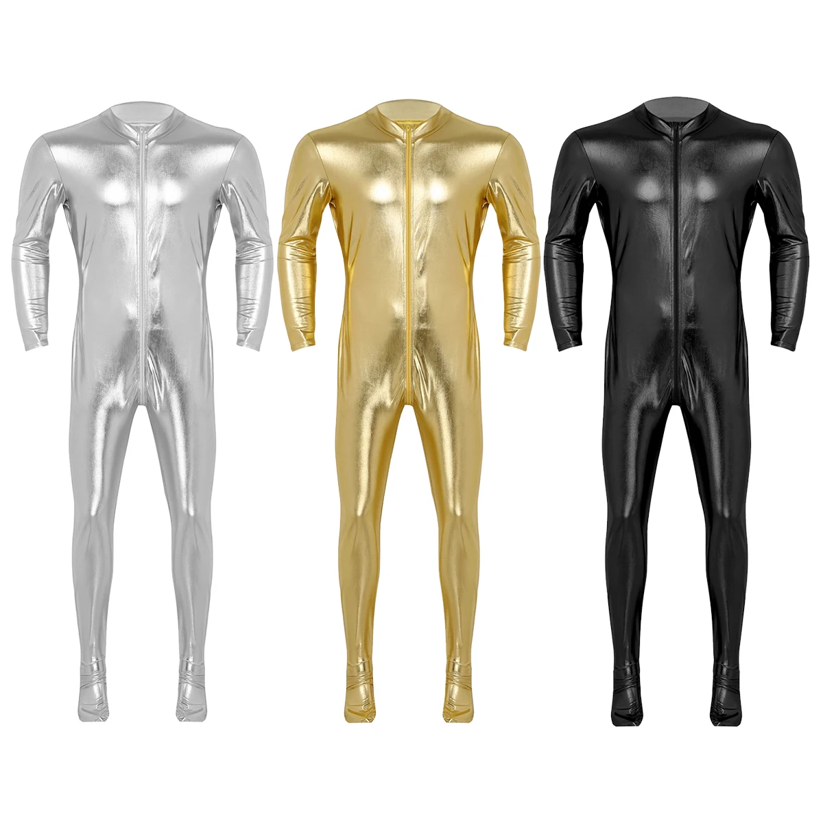 Mens Metallic Spandex Bodysuit Lycra Shiny Catsuit Sexy Unisex Zentai Full Body Suit Costume Clubwear Wet Look One Piece Unitard