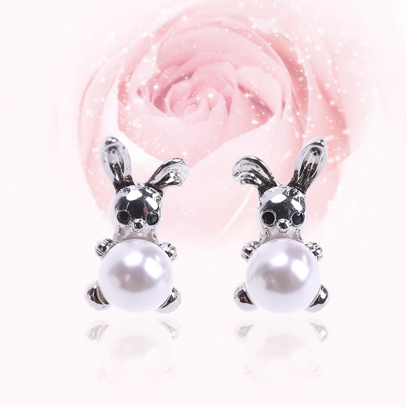 1 pair Cute Rabbit Stud Earrings For Women Silver Color Ear Jewelry