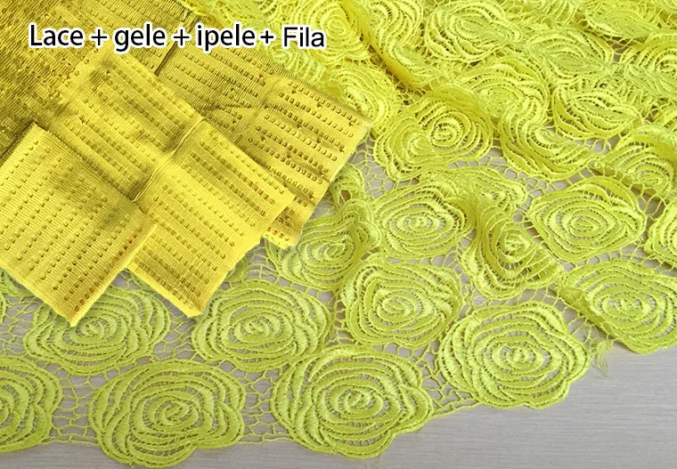 

5 yards plain yellow Guipure lace fabric African cord lace Matching Aso Oke gele ipele Fila headtie Sold Together High Quality