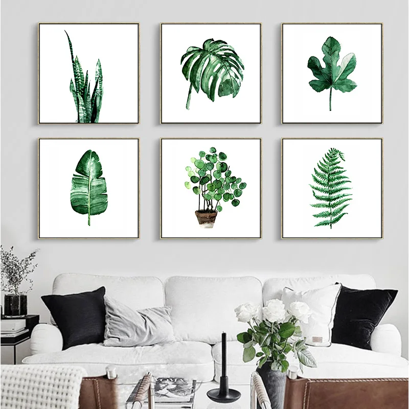 

Nordic Canvas Painting Watercolor Green Plant Leaves Wall Art Painting Modern Living Room Posters And Printed Home Decor Picture