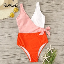 Romwe, спортивный Цельный Монокини, с цветными блоками, с завязками спереди, с вырезом, купальник для женщин, летний, с v-образным вырезом, для пляжа, для отдыха, купальники