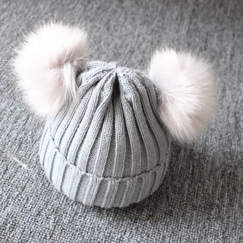 New Fashion Cute Newborn Baby Kids Girls Boys Winter Warm Knit Hat Pompom Ball Beanie Cap - Цвет: Серый