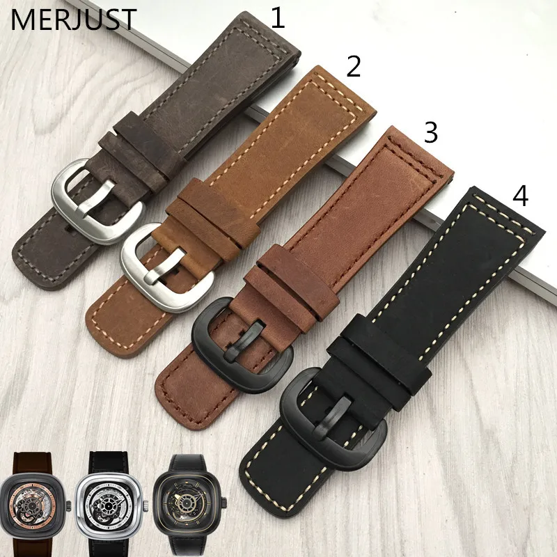 

New High quality Italian Calfskin Strap with Pin Buckle Black Brown SevenFriday M1|M2|P1|P3|V2 Genuine Leather Watchband 28mm