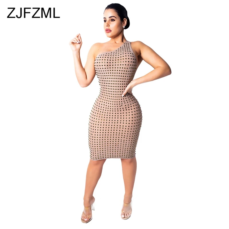 

One Shoulder Elegant Bodycon Dress Women Sparkly Rhinestones Backless Package Hip Dress Spring Sleevless Formal Dress Robe Femme