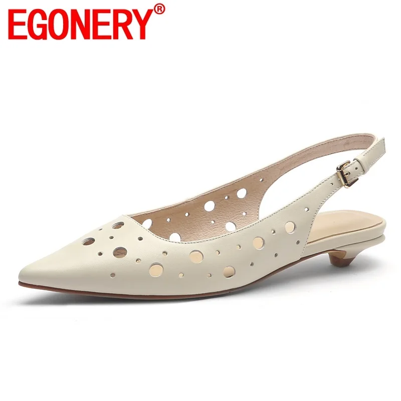 

EGONERY shoes woman summer new concise casual high quality genuine leather woman sandals outside med spike heels buckle shoes