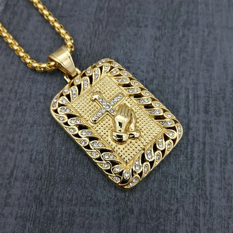 

2018 New gold color cross Hands Hiphop Bling Necklace with zircon Mens Religious Jewelry Iced Out Prayer Jesus Women Men Gift
