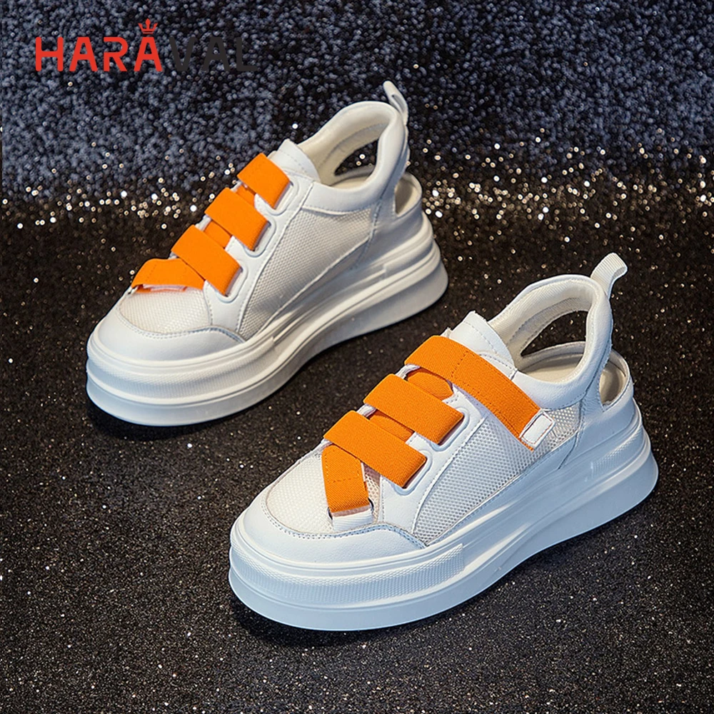 

HARAVAL Thick-soled slingback with single shoes round head Genuine leather mesh women's shoes Velcro breathable board shoes N88